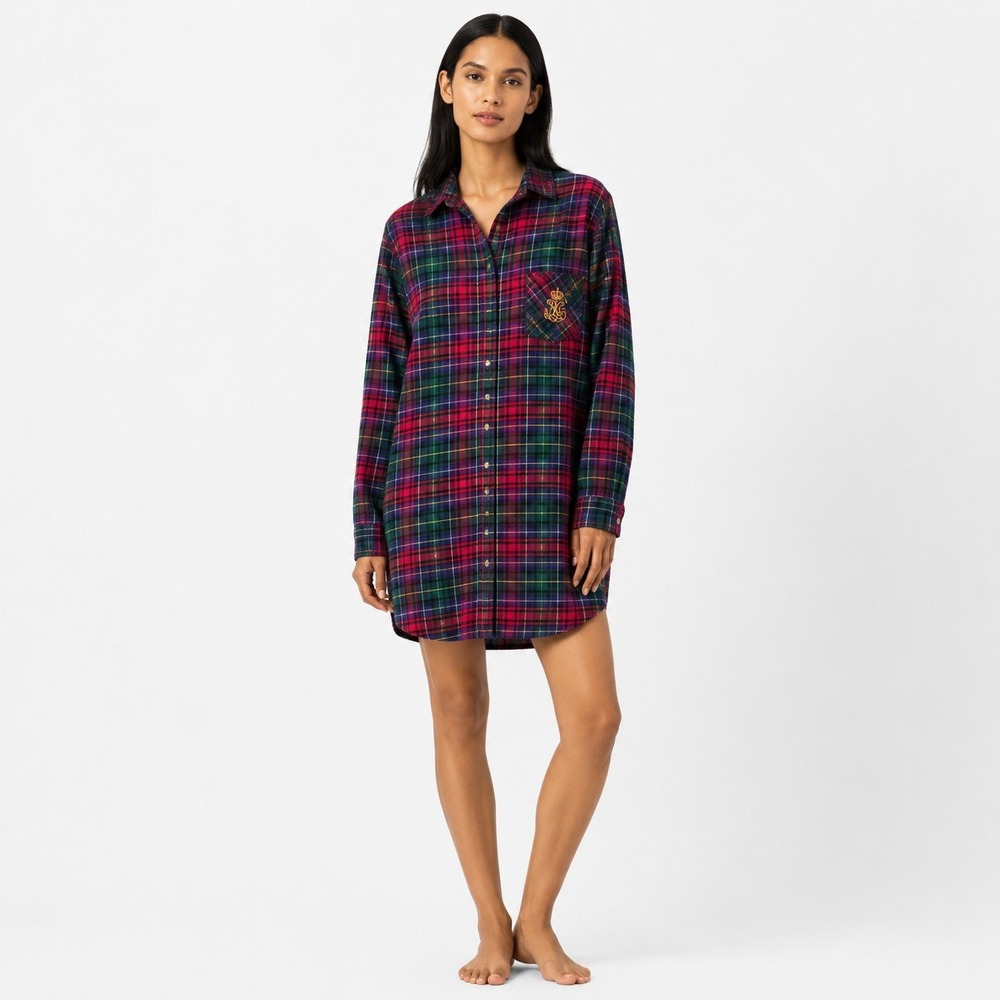Lauren Ralph Lauren Womens Plaid Flannel Sleep Shirt Red Green Crest Logo Small